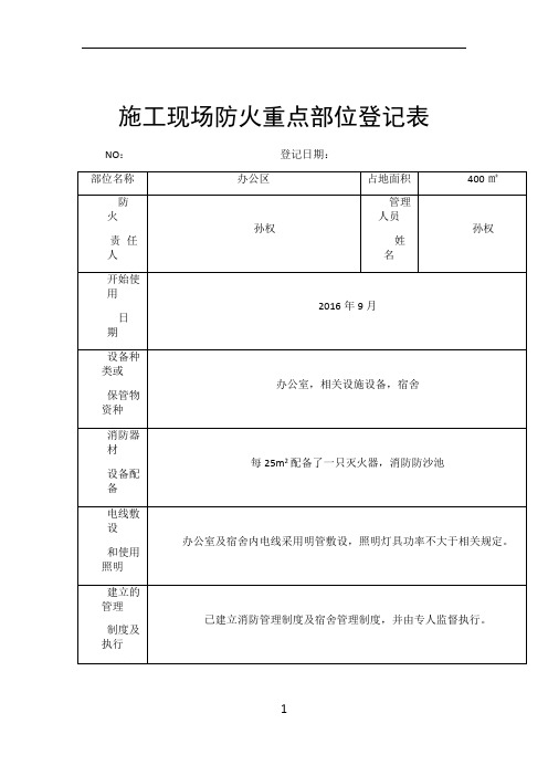 施工现场防火重点部位登记表