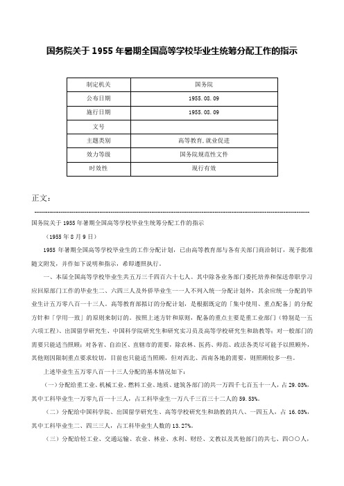 国务院关于1955年暑期全国高等学校毕业生统筹分配工作的指示-