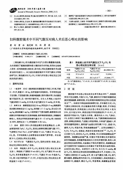 妇科腹腔镜术中不同气腹压对病人术后恶心呕吐的影响