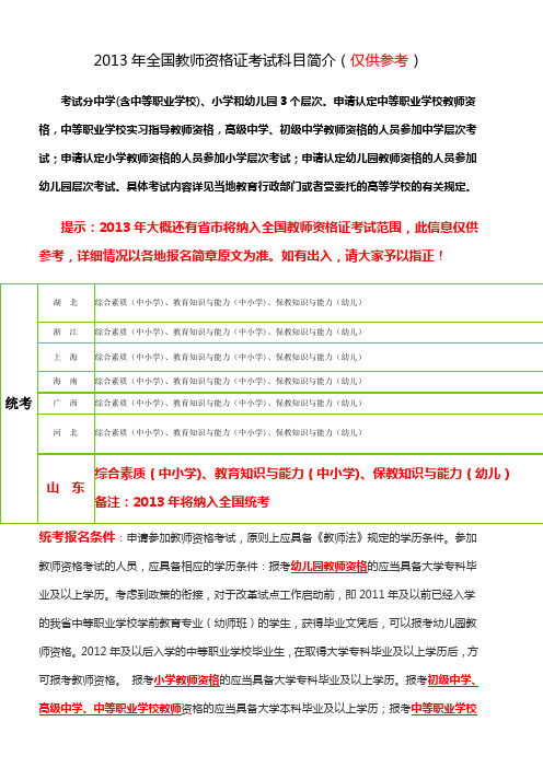 2013年全国教师资格证考试科目简介