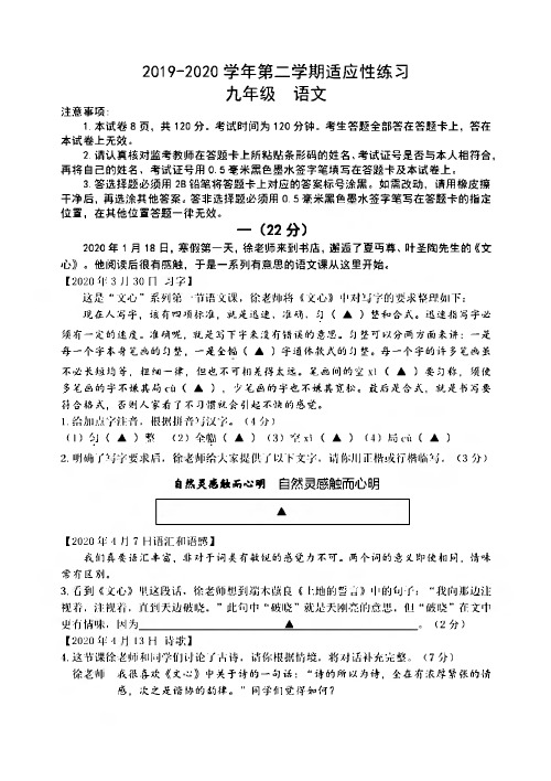 2019-2020学年南京建邺区中考一模语文试卷+评分解析