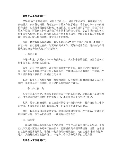 2020公司企业员工个人工作计划范文大全5篇