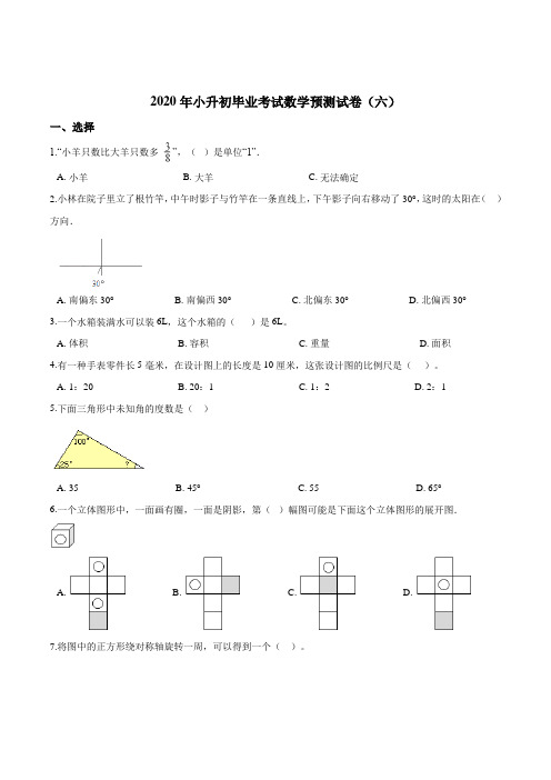 【精品】2020年小升初毕业考试数学预测试卷(六)人教版(含答案)