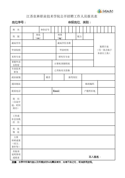 江苏农林职业技术学院公开招聘工作人员报名表