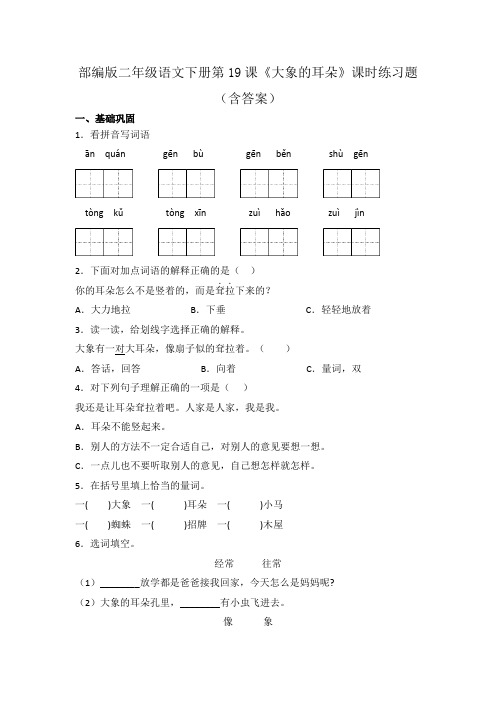 部编版二年级语文下册第19课《大象的耳朵》课时练习题(含答案)