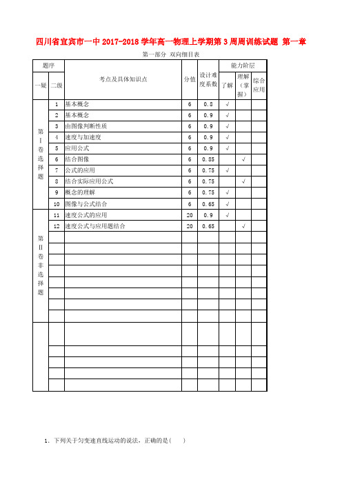 四川省宜宾市一中2017-2018学年高一物理上学期第3周周训练试题 第一章