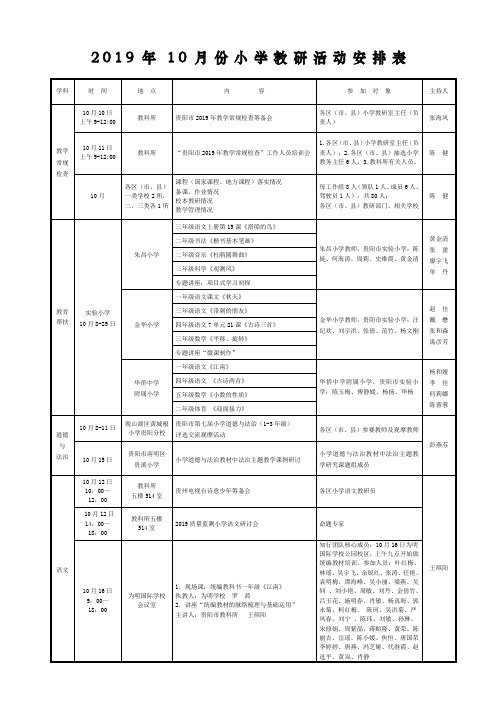 2019年10月份小学教研活动安排表