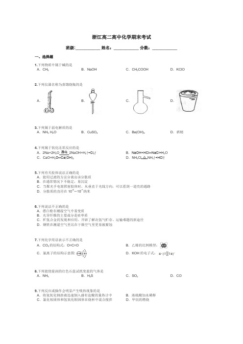 浙江高二高中化学期末考试带答案解析
