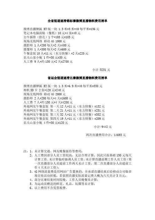 微博直播物料费用清单(全省短道速滑锦标赛和省运会短道速滑比赛两项赛事)