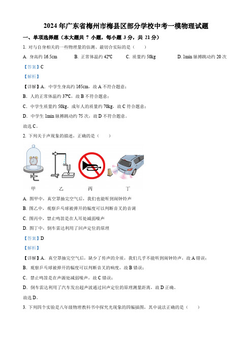 2024年广东省梅州市梅县区部分学校中考一模物理试题(解析版)