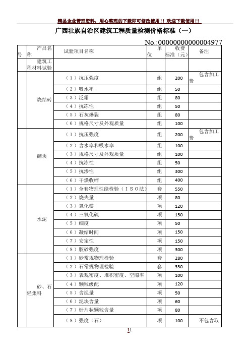 广西壮族自治区建筑工程质量检测价格标准