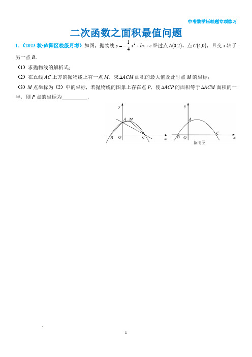 2024年九年级中考数学复习--二次函数之面积最值问题及参考答案