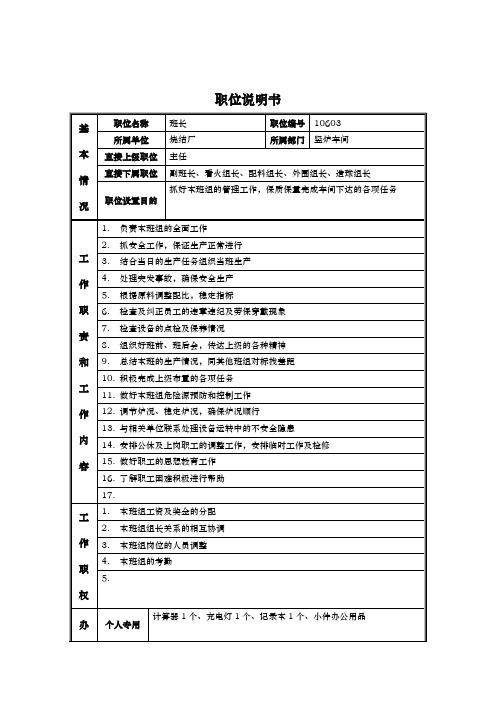 某工厂岗位说明书汇卒08