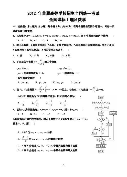 2012年高考全国卷1理科数学试题及答案(word精校版)