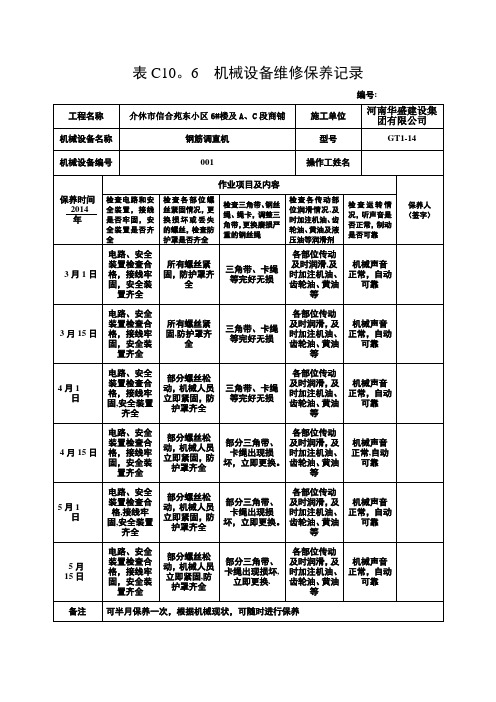 机械设备维修保养记录