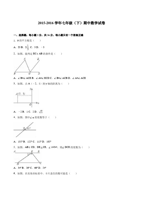 人教版2015-2016年七年级下期中数学试卷含答案