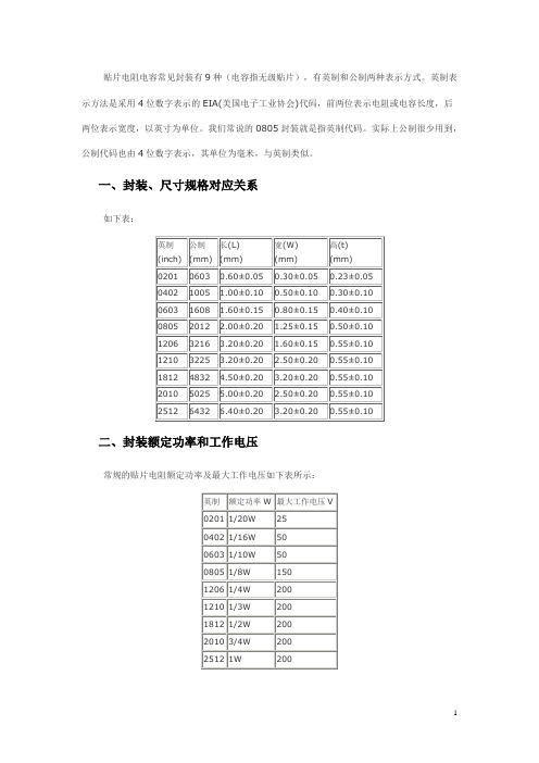 贴片电阻电容封装规格、尺寸和功率对应关系