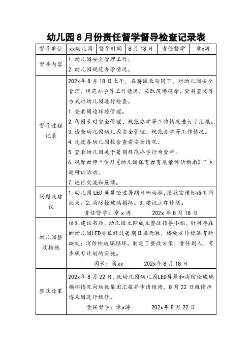 幼儿园8月份责任督学督导检查记录表