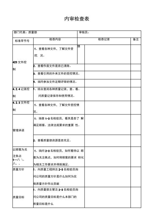 质量部内审检查表