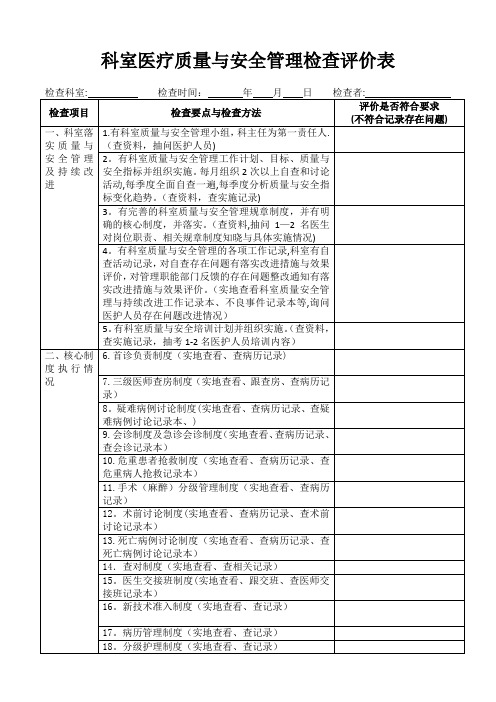 科室医疗质量与安全管理检查评价表