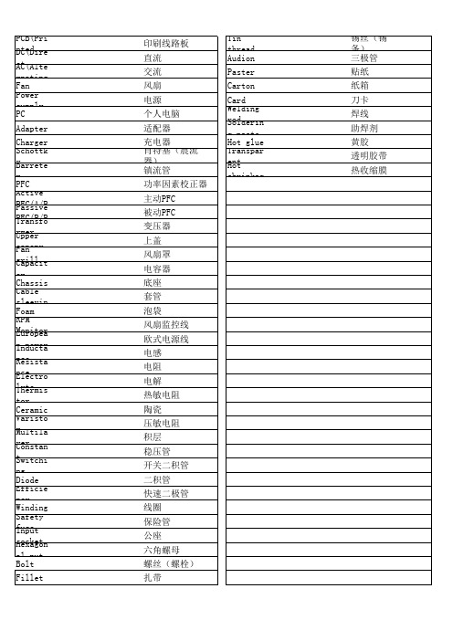 电源物料用语中英文对照