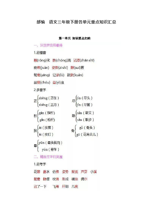 最新人教部编版三年级语文下册1-8单元重点知识汇总