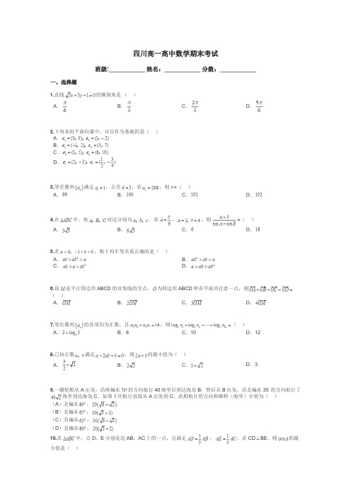 四川高一高中数学期末考试带答案解析
