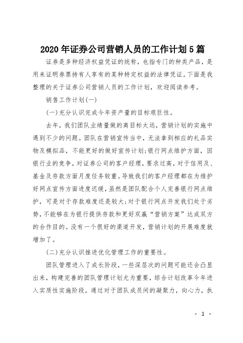 2020年证券公司营销人员的工作计划