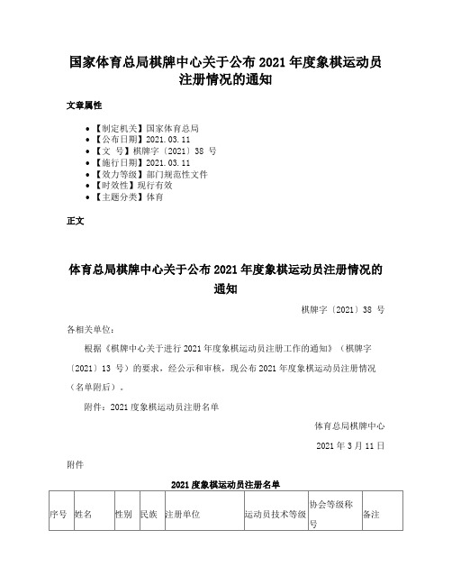 国家体育总局棋牌中心关于公布2021年度象棋运动员注册情况的通知