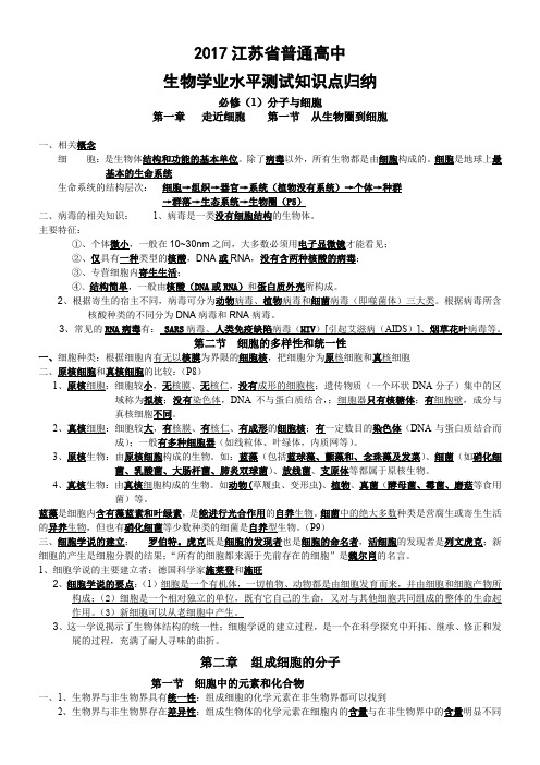 江苏省2017普通高中生物学业水平测试知识点归纳