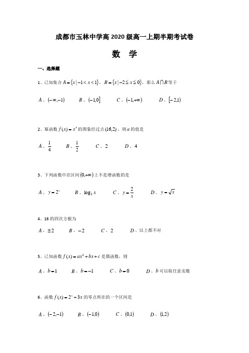 四川省成都市玉林中学2020-2021学年第一学期高一期中(半期)数学试题(无答案)