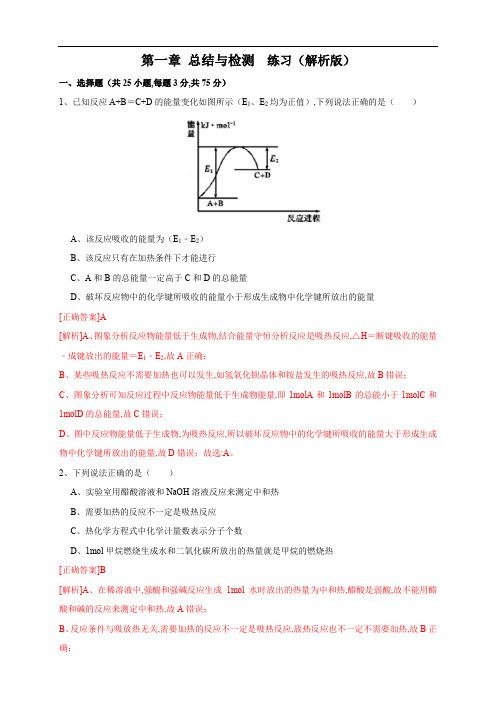 第一章检测 -2020-2021学年上学期高二化学同步精品课堂(新教材人教版选择性必修1)(解析版)