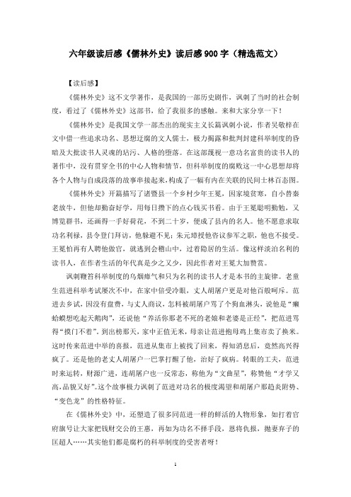 六年级读后感《儒林外史》读后感900字(精选范文)