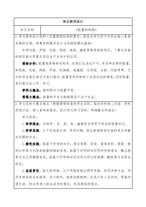 青岛版科学六年级下册第四单元《能量的转换》单元整体教学设计