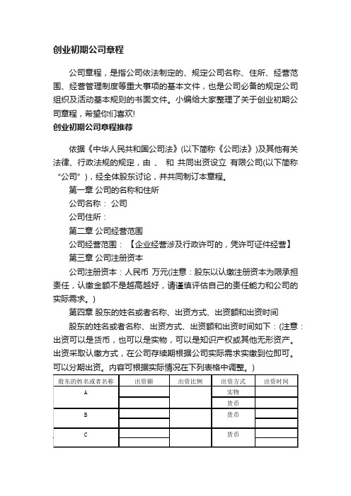 创业初期公司章程