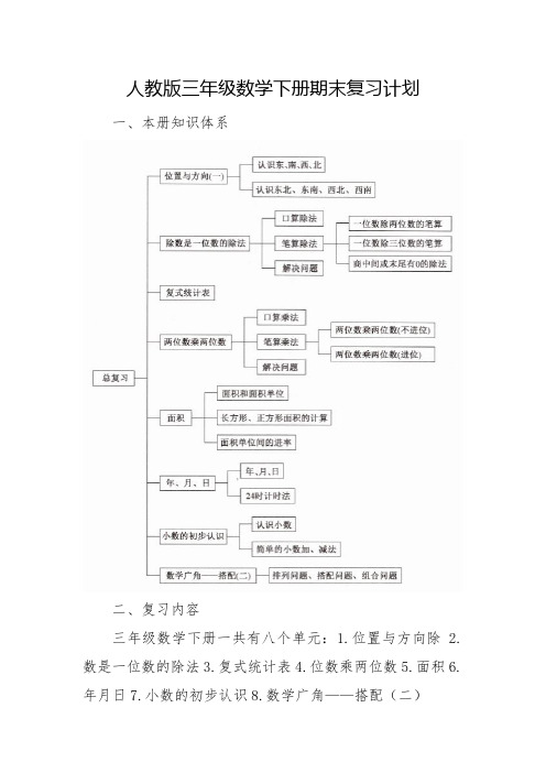 三年级数学下册期末复习计划