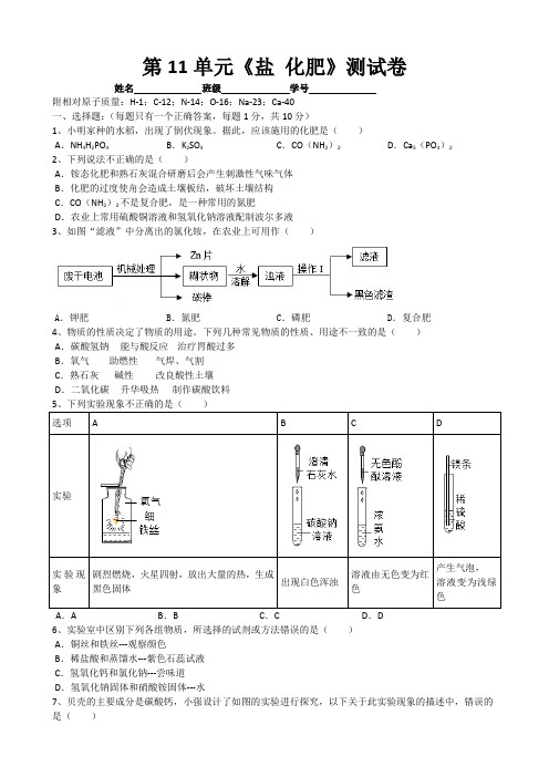 2020年人教版九年级化学第11单元《盐 化肥》测试卷(word版有答案)