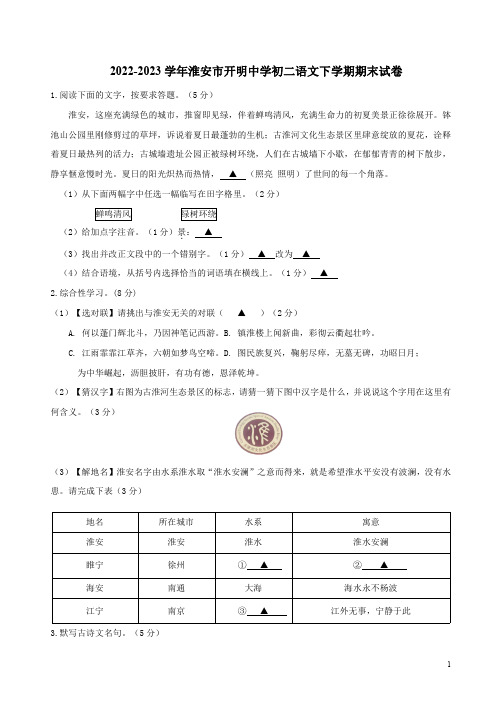 2022-2023学年淮安市开明中学初二语文下学期期末试卷附答案解析