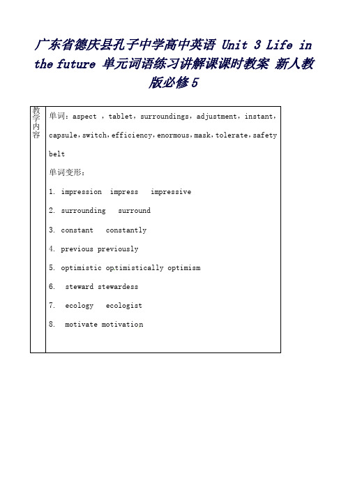 广东省德庆县孔子中学高中英语Unit3Lifeinthefuture单元词语练习讲解课课时教案新人教版必修5