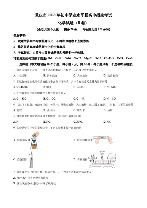 2023年重庆市中考化学真题试卷及答案(B卷)(解析版)