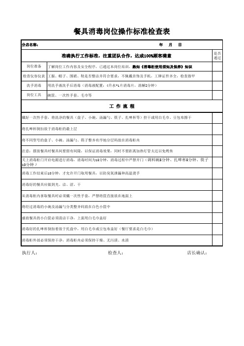 餐具消毒岗位操作标准检查表