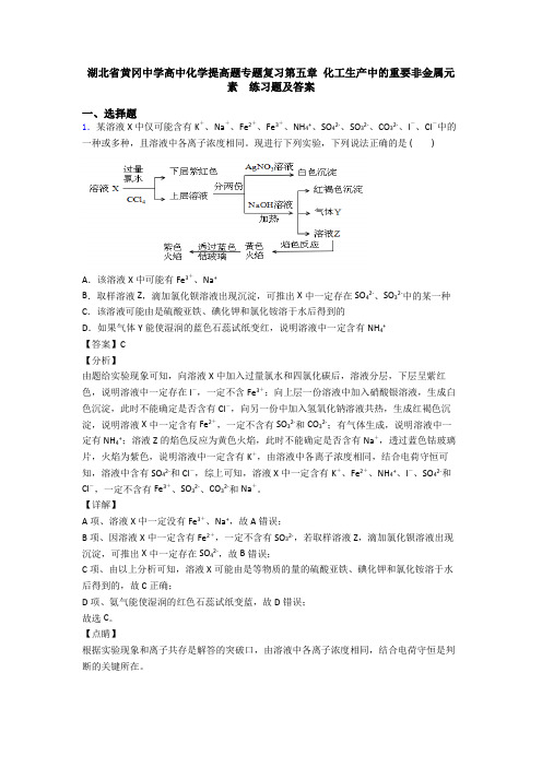 湖北省黄冈中学高中化学提高题专题复习第五章 化工生产中的重要非金属元素  练习题及答案