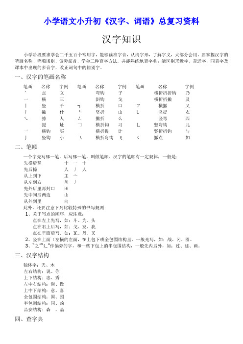 小学语文小升初《汉字、词语》总复习资料