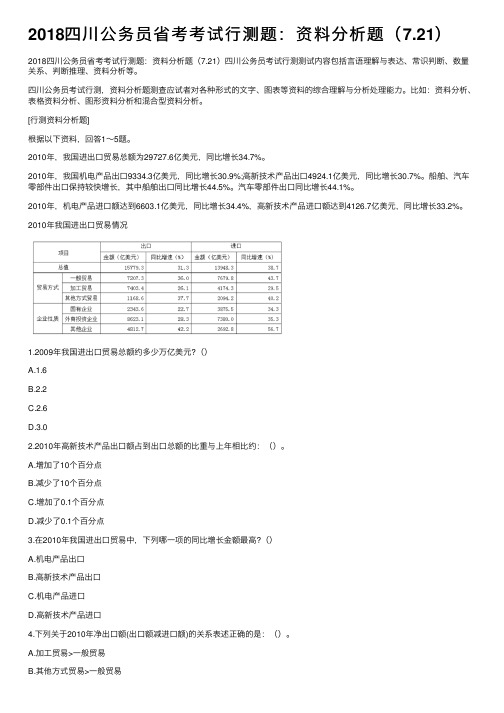 2018四川公务员省考考试行测题：资料分析题（7.21）