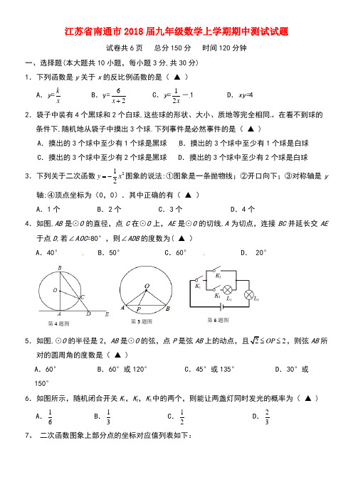 江苏省南通市九年级数学上学期期中测试试题(无答案)苏科版(new)