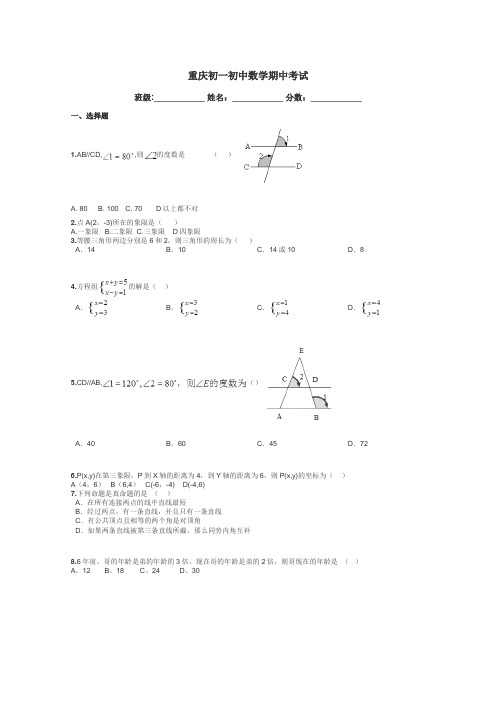 重庆初一初中数学期中考试带答案解析
