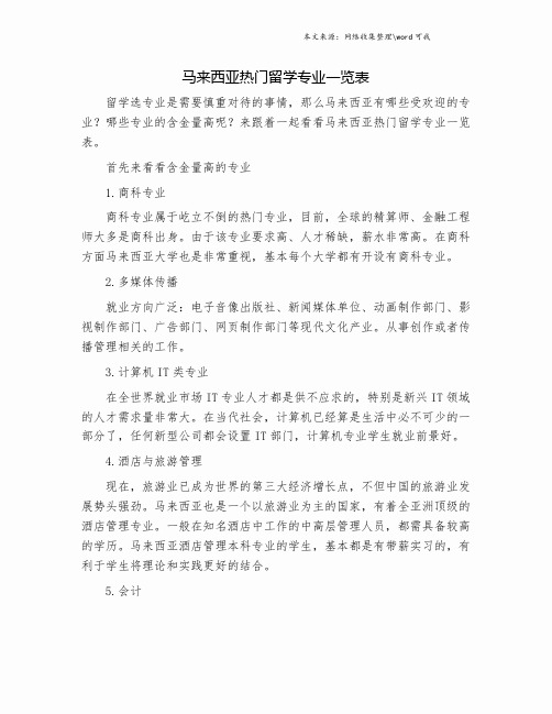 马来西亚热门留学专业一览表.doc