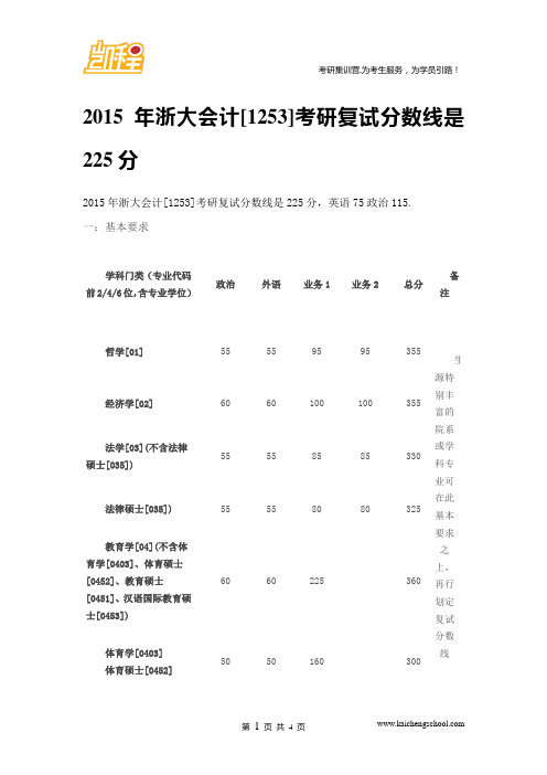 2015年浙大会计[1253]考研复试分数线是225分