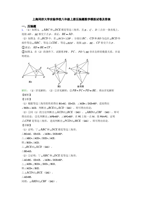 上海同济大学实验学校八年级上册压轴题数学模拟试卷及答案