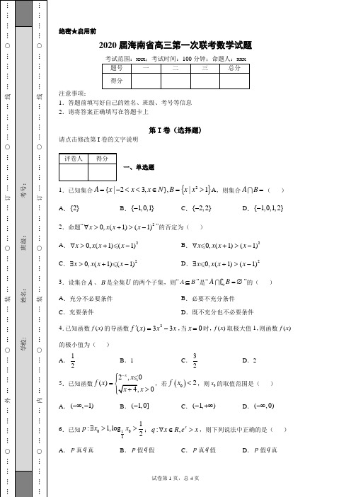 2020届海南省高三第一次联考数学试题(附带详细解析)